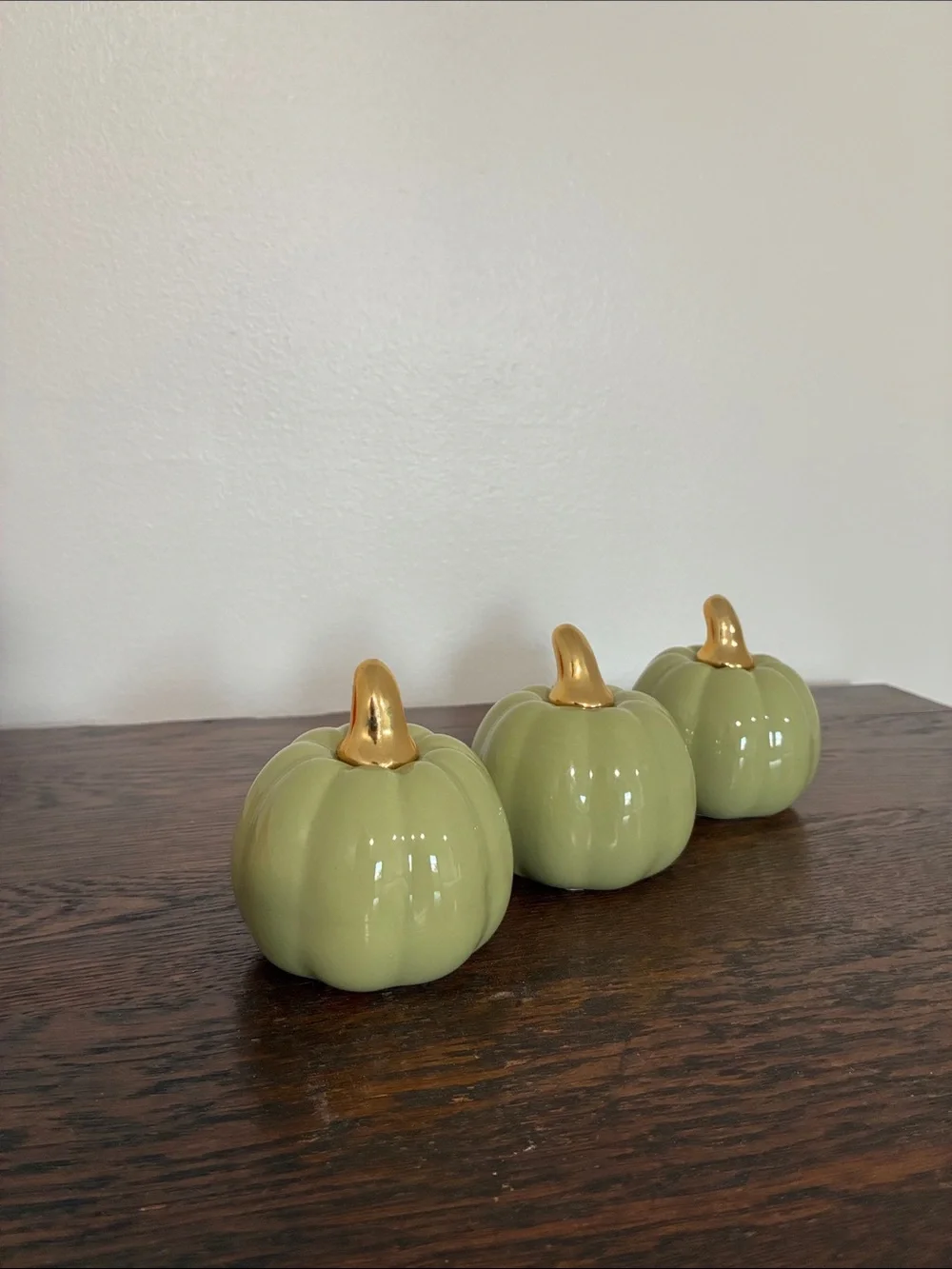 NWT- Set of 3- Glossy Green Ceramic Pumpkin Decorations with Gold Stems
